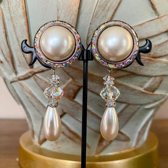 Vintage Faux Pearl Aurora Borealis Drop Earrings - Picture 3 of 4